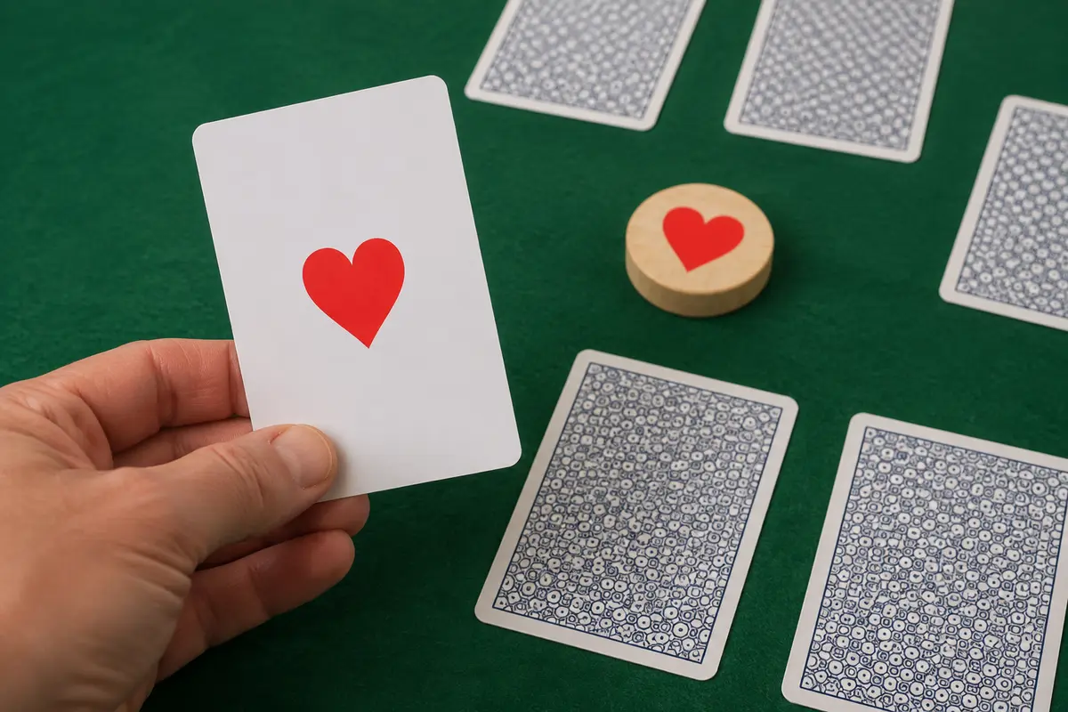 Carte portant un cœur rouge et témoin en bois indiquant la couleur d’atout