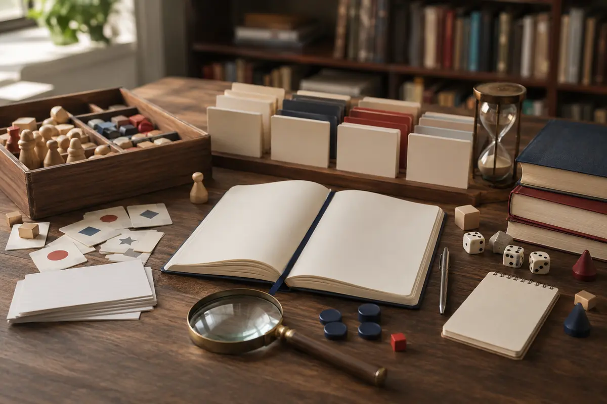 Bureau de recherche avec carnet, cartes, dés et pièces de jeu génériques